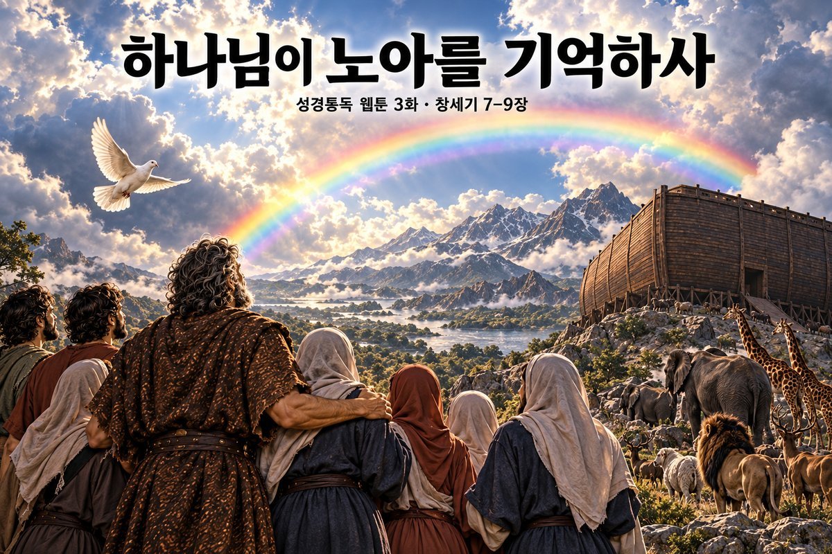 성경통독 웹툰 3화 — 창세기 7–9장 · 하나님이 노아를 기억하사